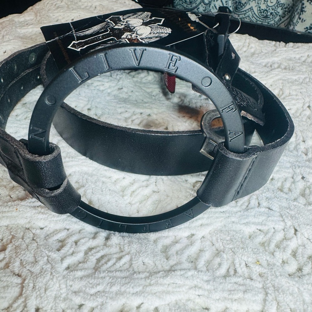 Affliction Belt Black leather with metal ring.